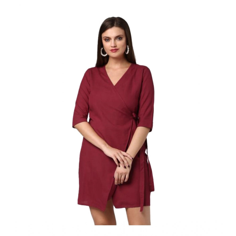 Amfyn Women's Cotton Solid 3-4th Sleeves Above Knee Dress (Maroon)