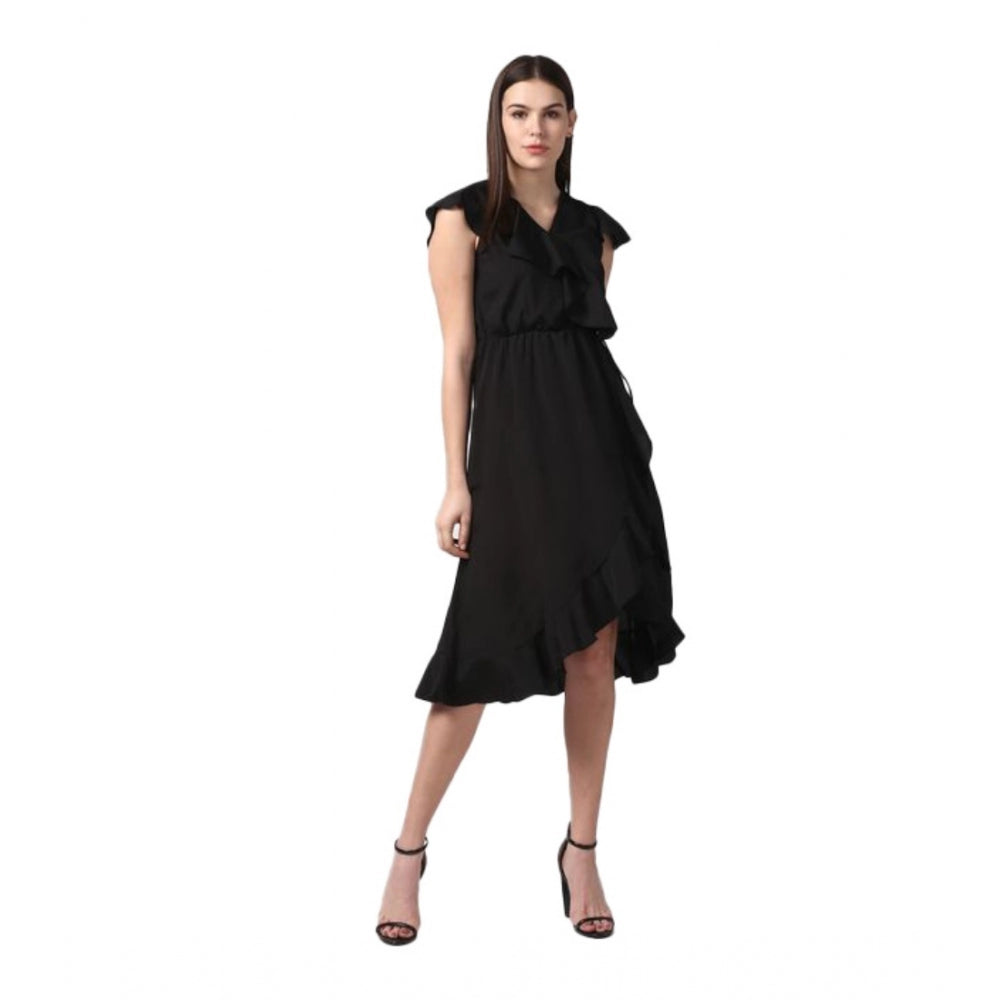 Amfyn Women's Polyester Ruffled Cap Sleeve Knee-Length Dress (Black)