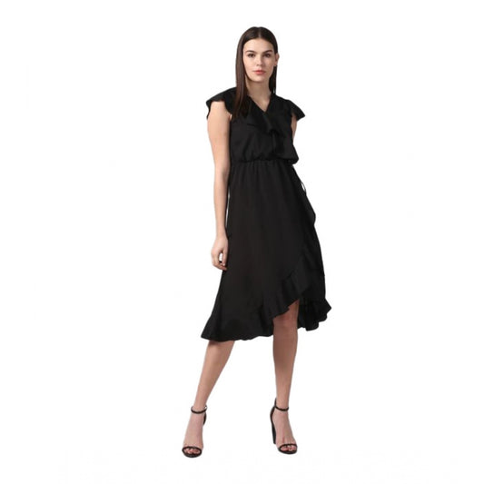 Amfyn Women's Polyester Ruffled Cap Sleeve Knee-Length Dress (Black)