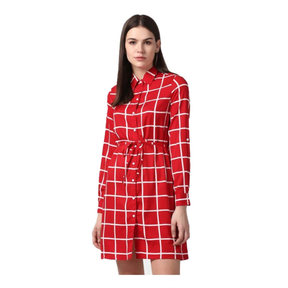 Amfyn Women's Polyester Checkered Long Sleeves Above Knee Dress (Red)