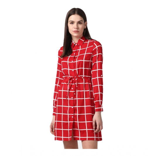Amfyn Women's Polyester Checkered Long Sleeves Above Knee Dress (Red)