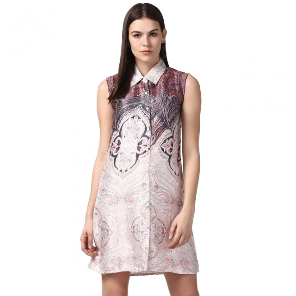 Amfyn Women's Polyester Printed Sleeveless Above Knee Dress (Orange)