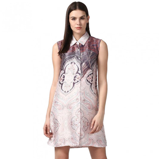Amfyn Women's Polyester Printed Sleeveless Above Knee Dress (Orange)