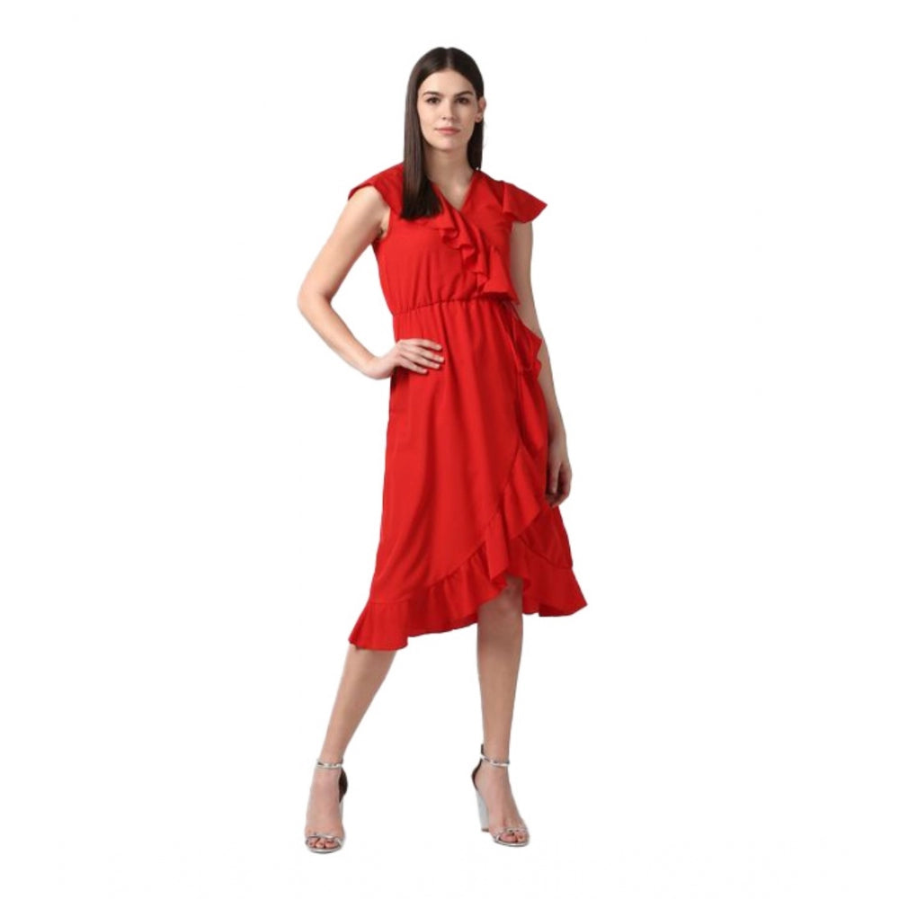 Amfyn Women's Polyester Ruffled Cap Sleeve Knee-Length Dress (Red)