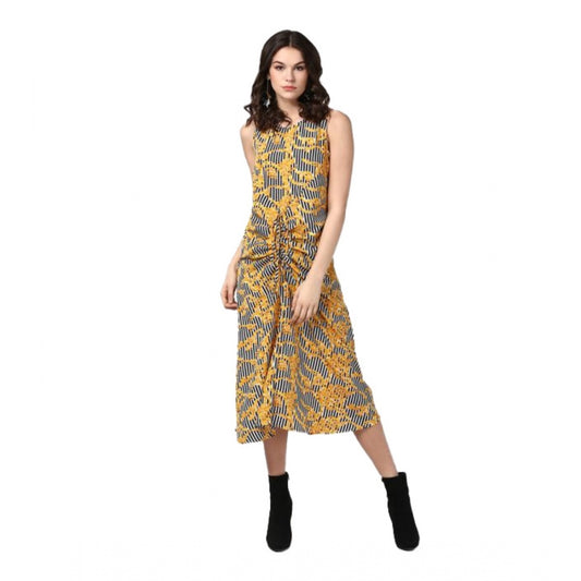 Amfyn Women's Polyester Chain Print Sleeveless Below Knee Dress (Yellow - Black)