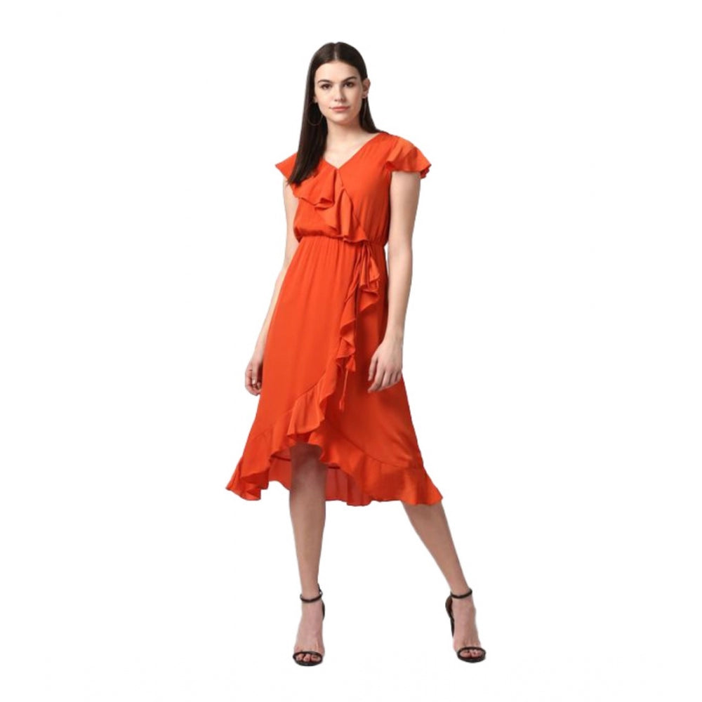 Amfyn Women's Polyester Ruffled Cap Sleeve Knee-Length Dress (Orange)