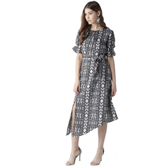 Amfyn Women's Polyester Animal Print Short Sleeve Knee-Length Dress (Black - White)