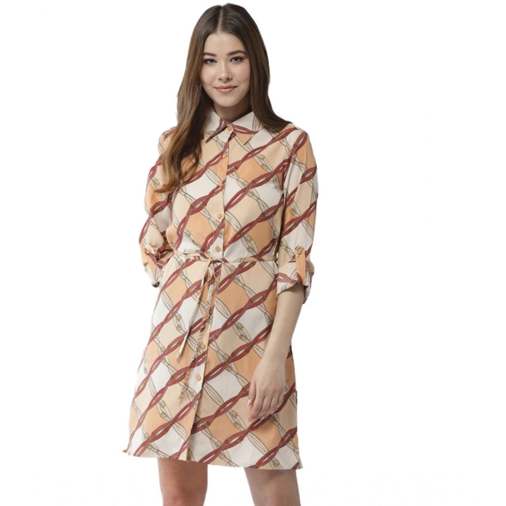 Amfyn Women's Polyester Printed Roll Up Sleeve Above Knee Dress (Off White - Brown)