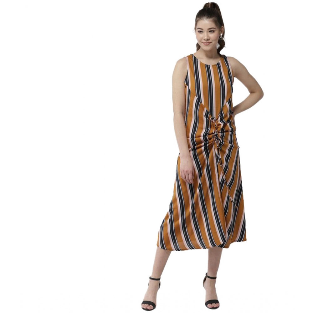 Amfyn Women's Polyester Striped Sleeveless Below Knee Dress (Mustard)