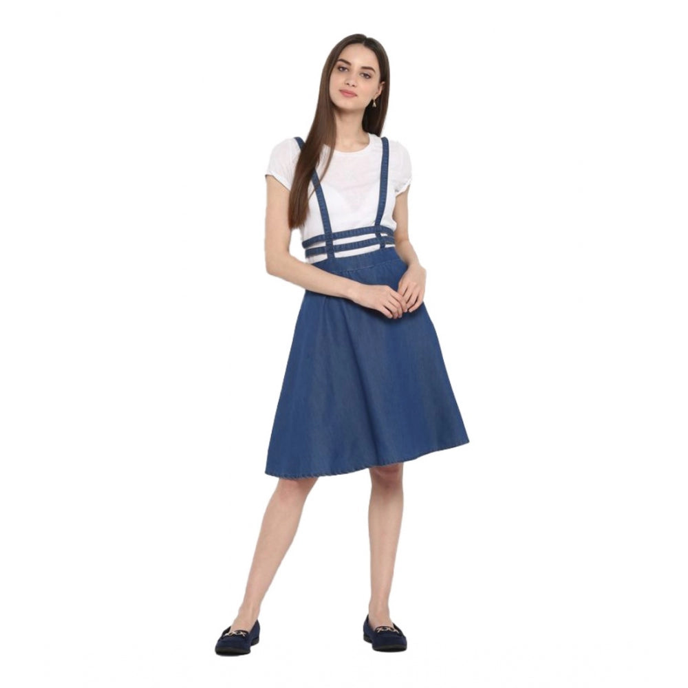 Amfyn Women's Denim Solid Shoulder Straps Below Knee Dress (Blue)