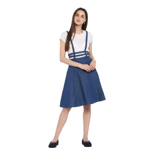 Amfyn Women's Denim Solid Shoulder Straps Below Knee Dress (Blue)