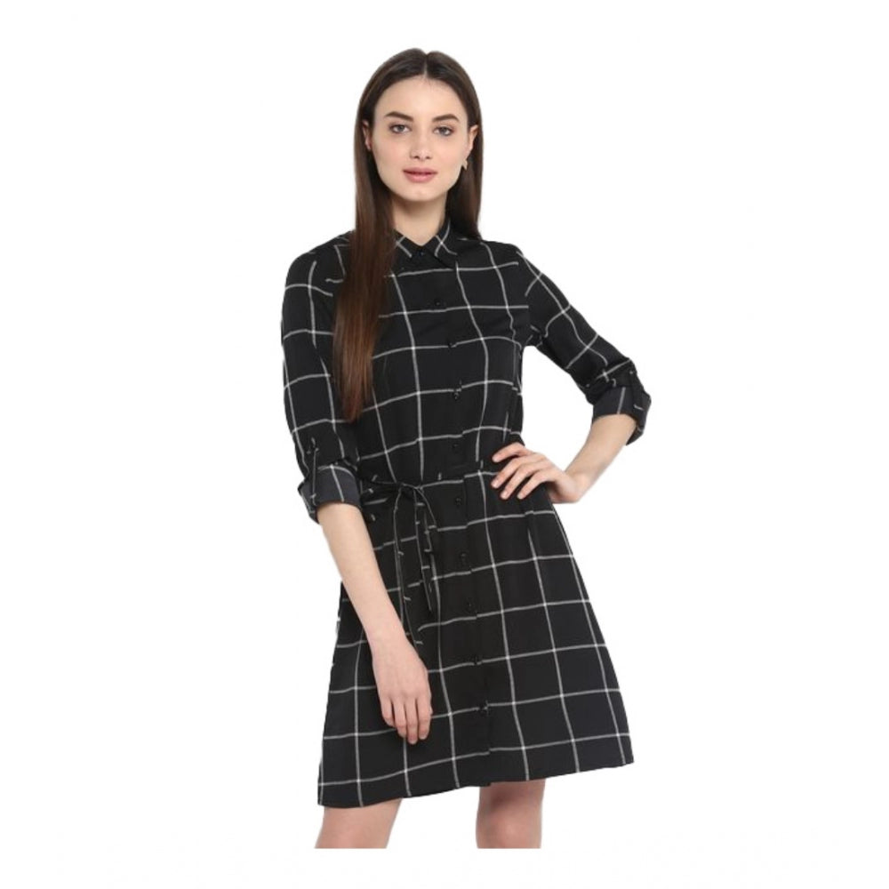 Amfyn Women's Polyester Checkered Roll Up Sleeve Above Knee Dress (Black - White)