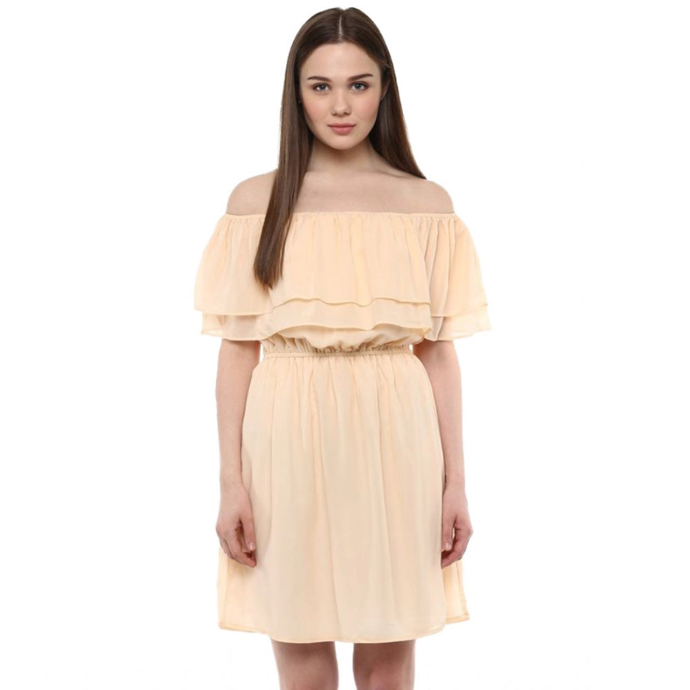 Amfyn Women's Polyester Solid Sleeveless Knee-Length Dress (Beige)