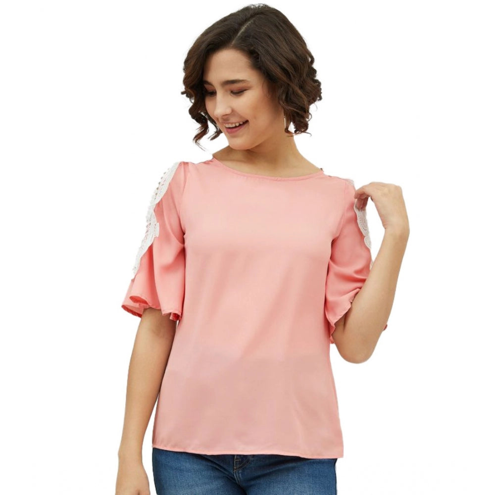 Amfyn Women's Polyester Lace Inserts Cold Shoulder Top (Pink)