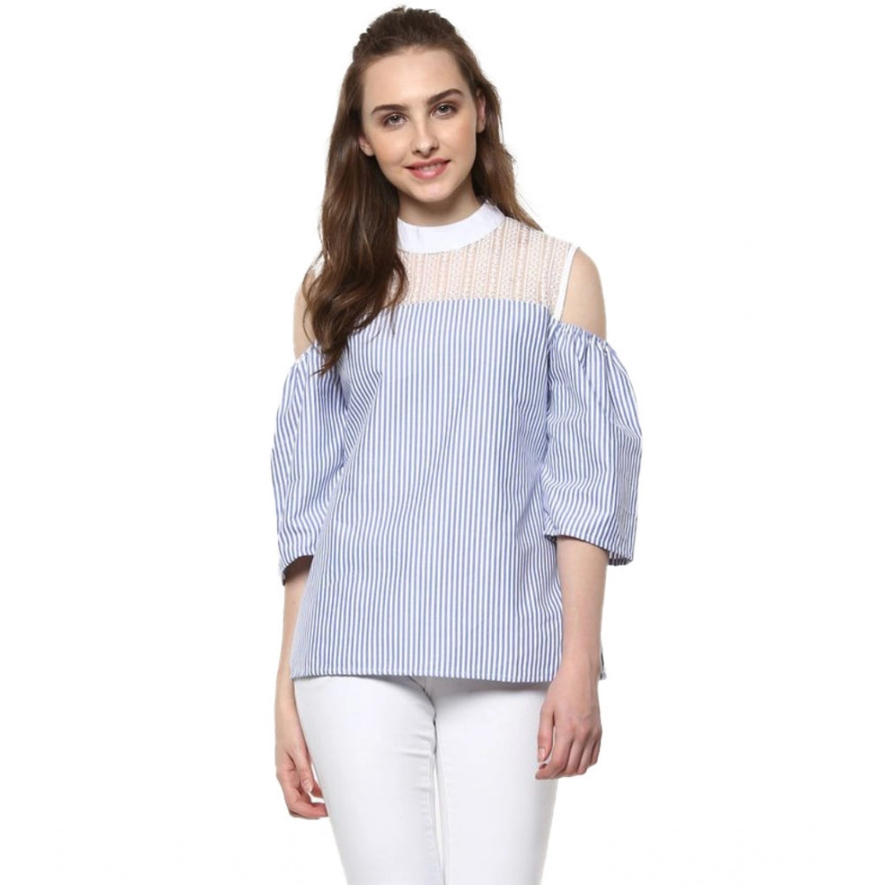 Amfyn Women's Cotton Striped Cold Shoulder Top (Blue)