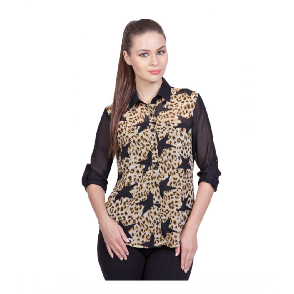 Amfyn Women's Polyester Printed Roll Up Sleeve Standard Length Shirt (Black)