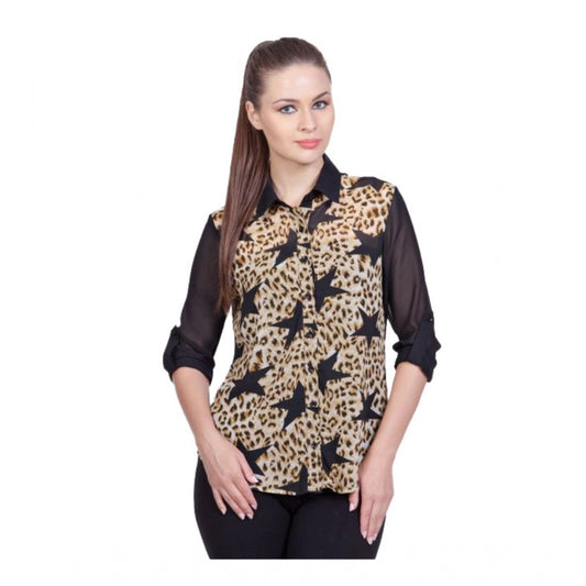 Amfyn Women's Polyester Printed Roll Up Sleeve Standard Length Shirt (Black)