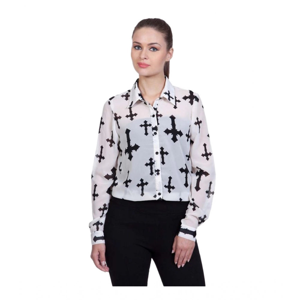 Amfyn Women's Polyester Printed Long Sleeves Standard Length Shirt (White)
