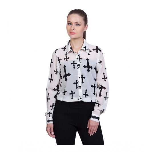 Amfyn Women's Polyester Printed Long Sleeves Standard Length Shirt (White)