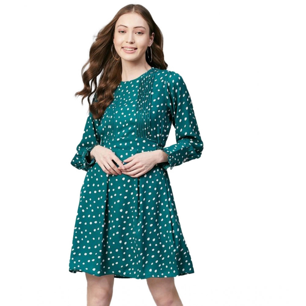 Amfyn Women's Polyester Polka Long Sleeves Above Knee Dress (Green - White)