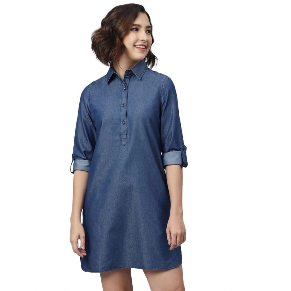 Amfyn Women's Denim Solid Long Sleeves Above Knee Dress (Navy Blue)