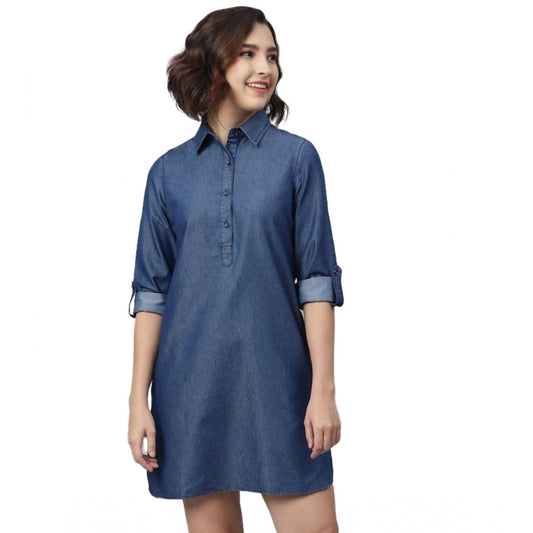 Amfyn Women's Denim Solid Long Sleeves Above Knee Dress (Navy Blue)