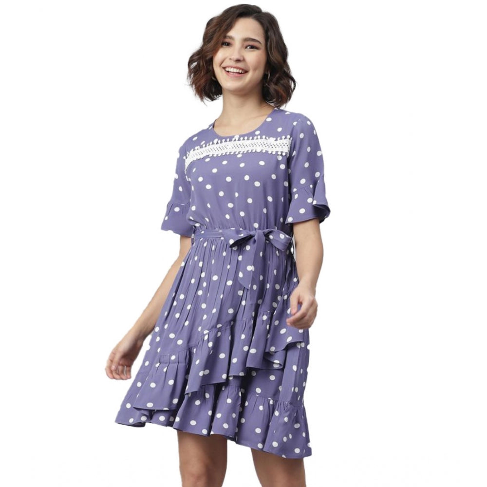 Amfyn Women's Polyester Polka Bell Sleeve Above Knee Dress (Lavender)