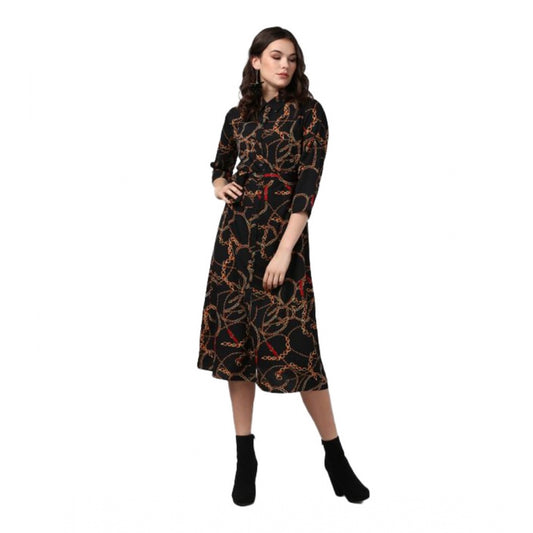 Amfyn Women's Polyester Chain Print Roll Up Sleeve Below Knee Dress (Black - Yellow)