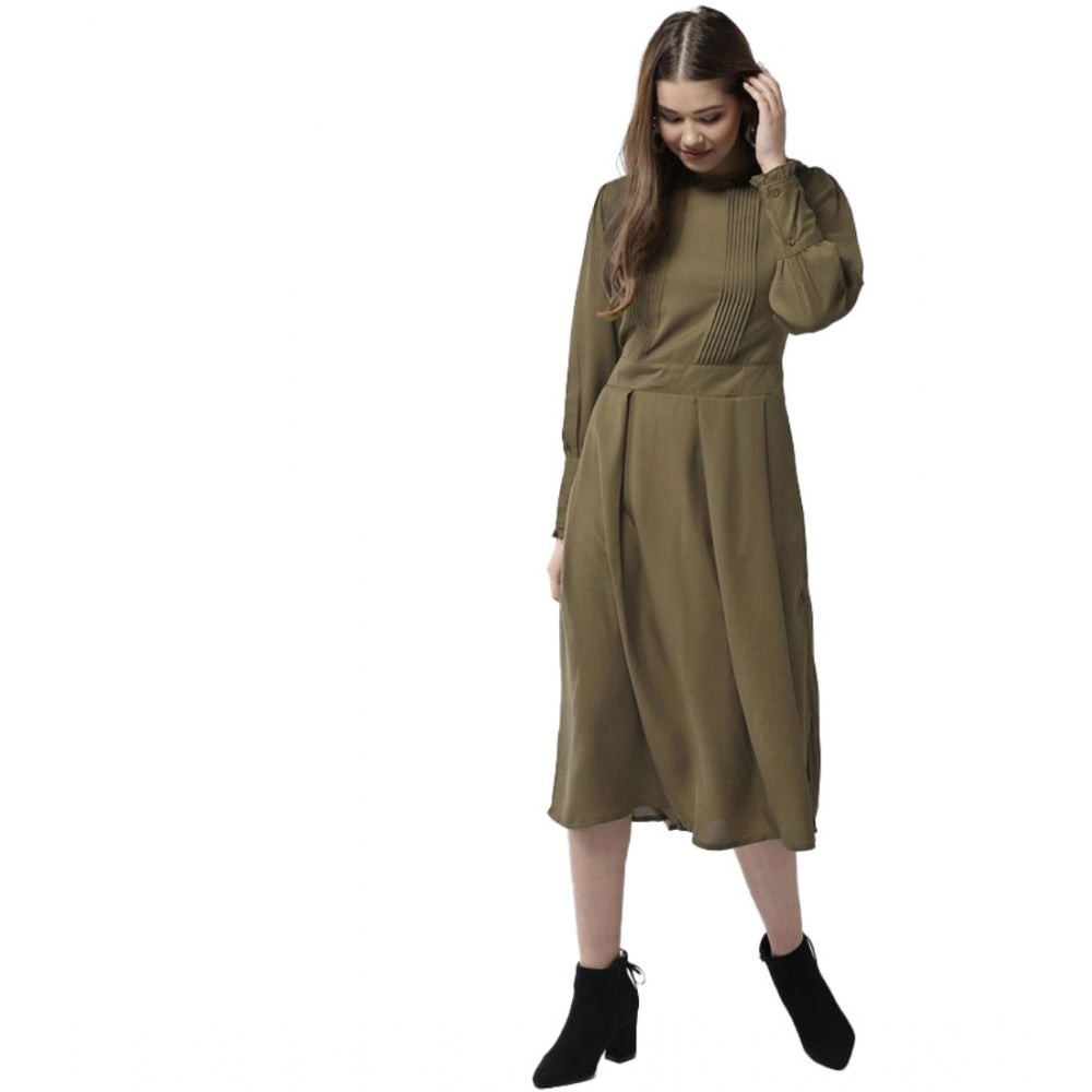 Amfyn Women's Polyester Pintuck Long Sleeves Below Knee Dress (Olive)