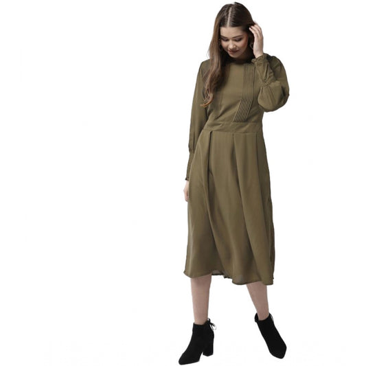 Amfyn Women's Polyester Pintuck Long Sleeves Below Knee Dress (Olive)