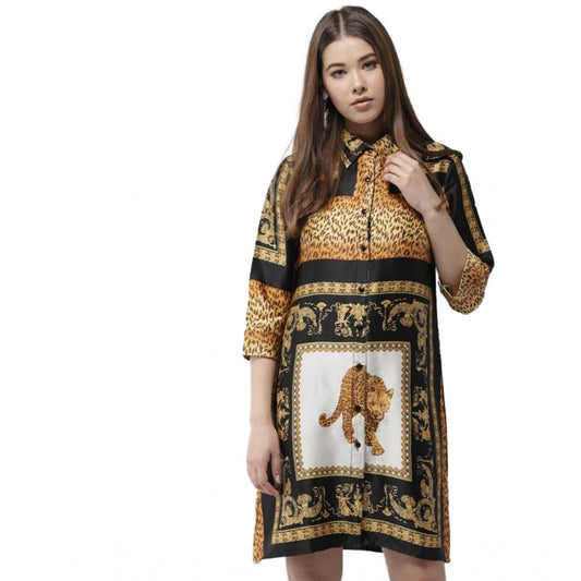 Amfyn Women's Satin Animal Print 3-4th Sleeves Above Knee Dress (White - Orange)