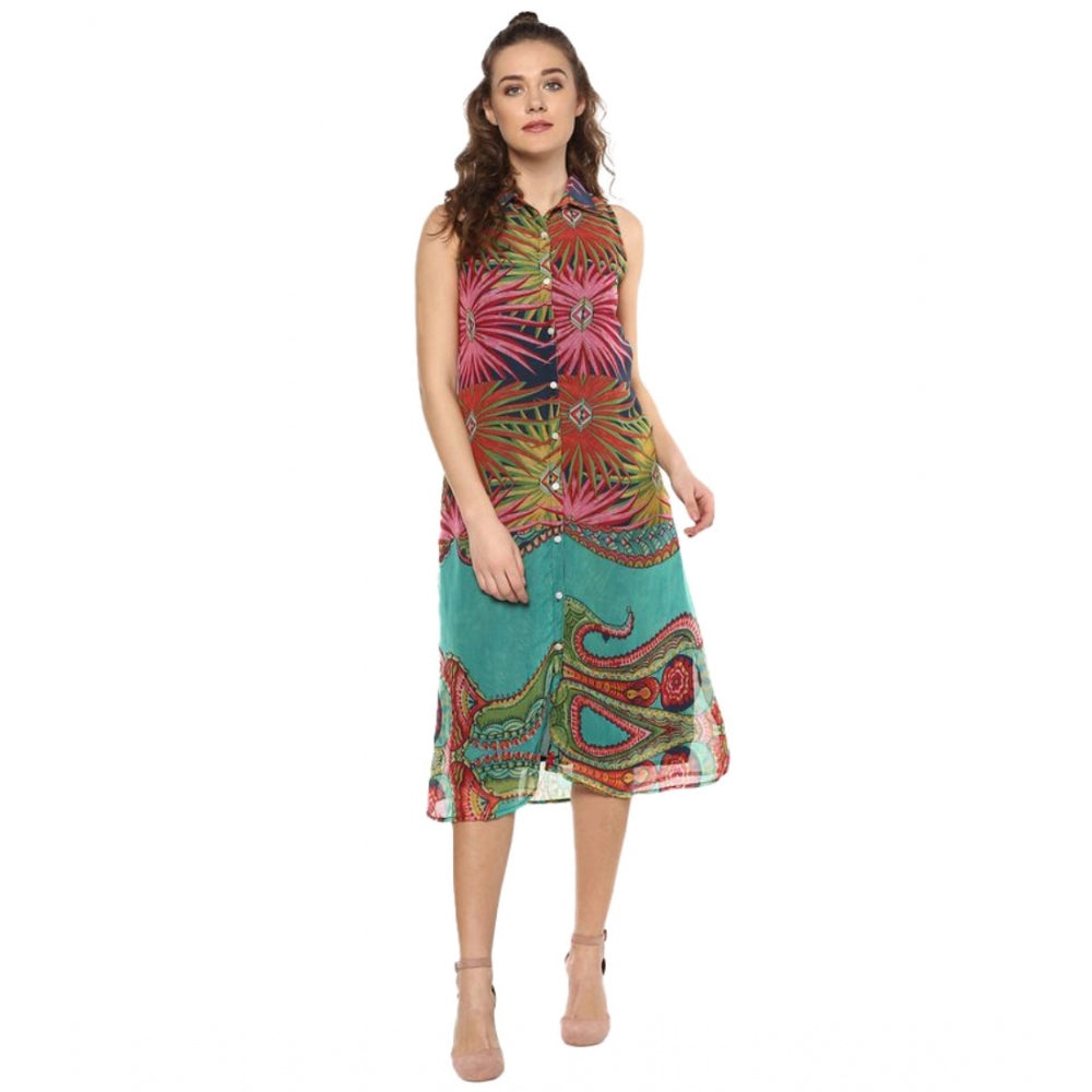 Amfyn Women's Polyester Floral Sleeveless Below Knee Dress (Multicolor)
