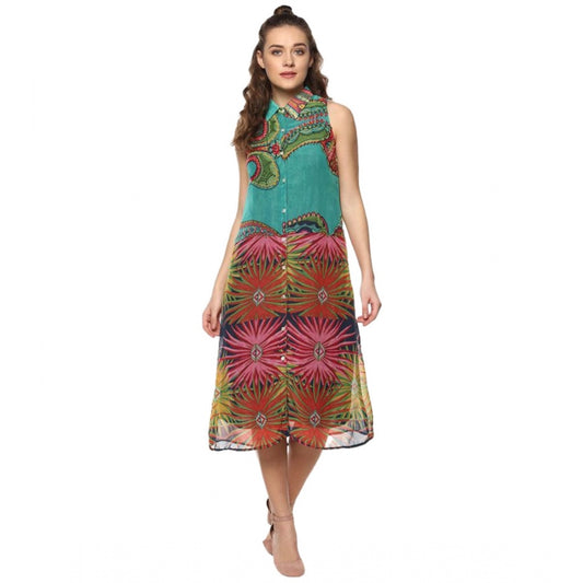 Amfyn Women's Polyester Floral Sleeveless Below Knee Dress (Multicolor)