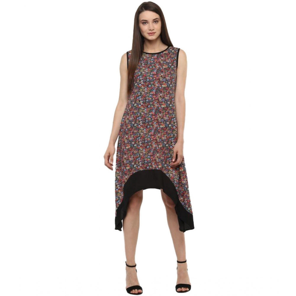 Amfyn Women's Polyester Printed Sleeveless Knee-Length Dress (Multicolor)