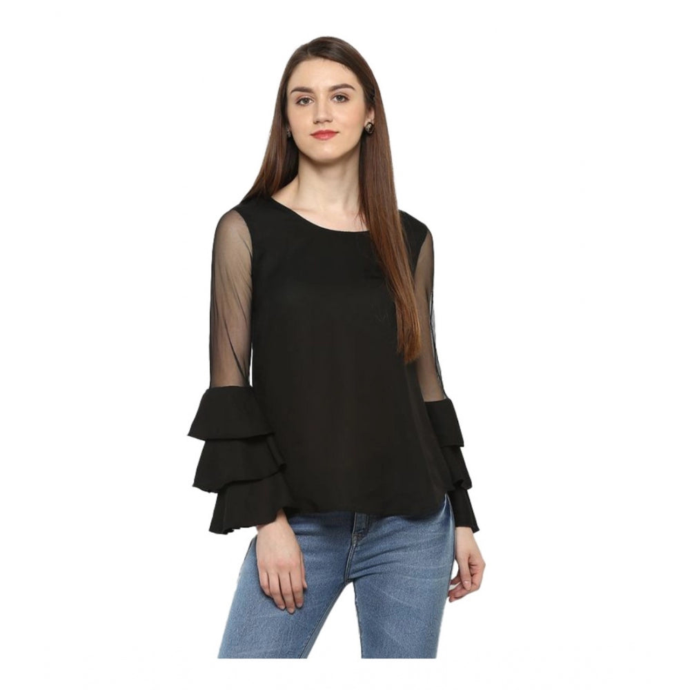 Amfyn Women's Polyester Solid Tier Sleeve Top (Black)
