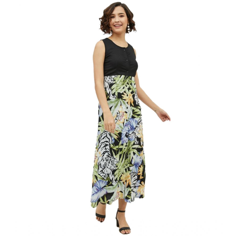 Amfyn Women's Rayon Floral Sleeveless Calf-length Dress (Multicolor)