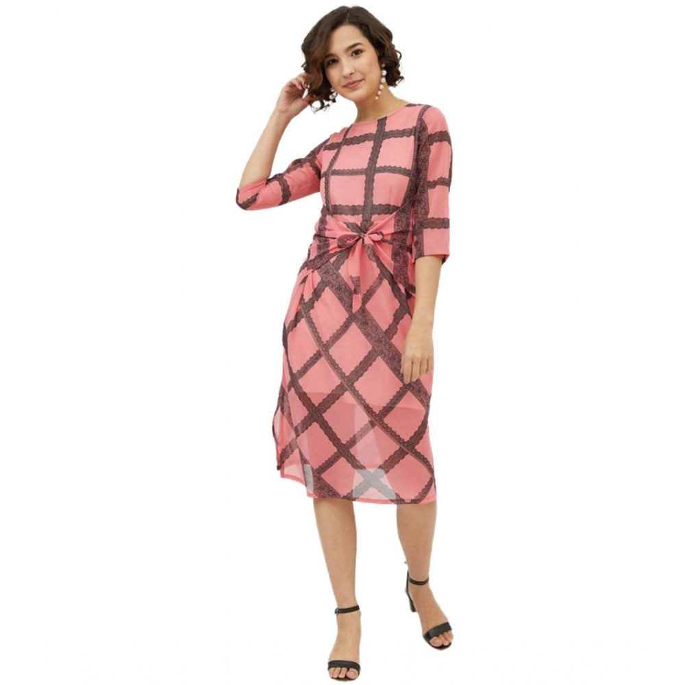 Amfyn Women's Polyester Checkered 3-4th Sleeves Below Knee Dress (Pink)