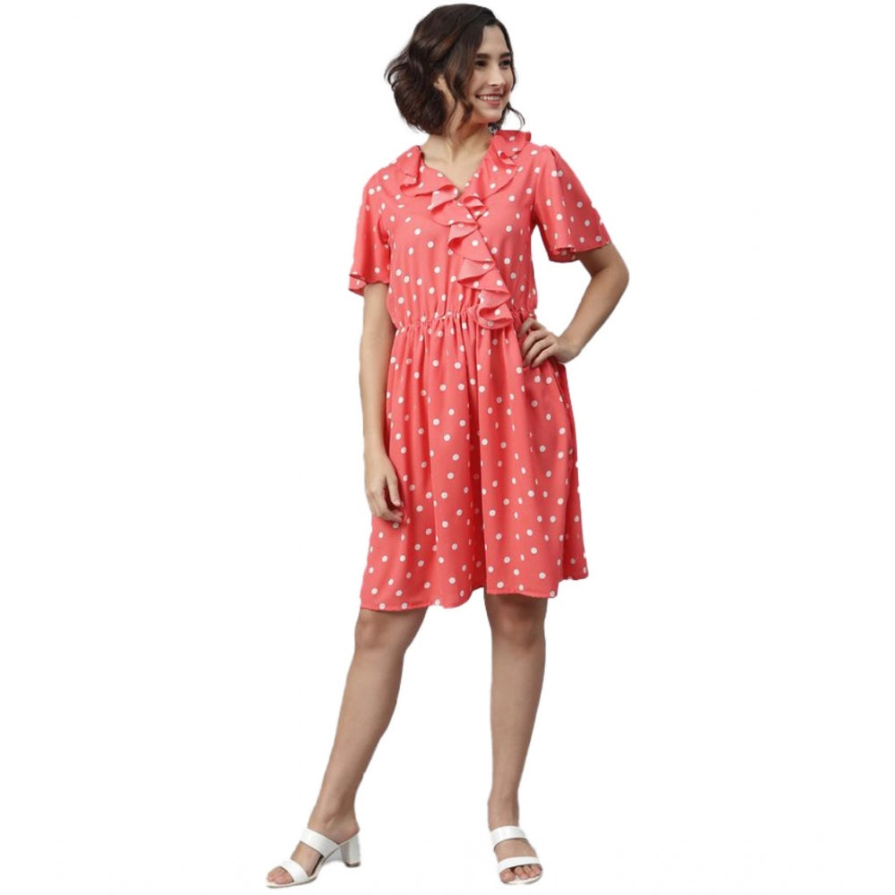 Amfyn Women's Polyester Polka Flutter Above Knee Dress (Coral)