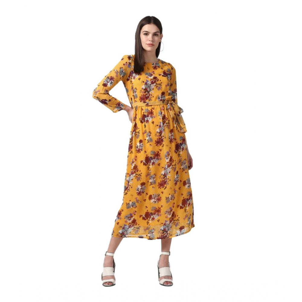 Amfyn Women's Polyester Floral Long Sleeves Calf-length Dress (Yellow)