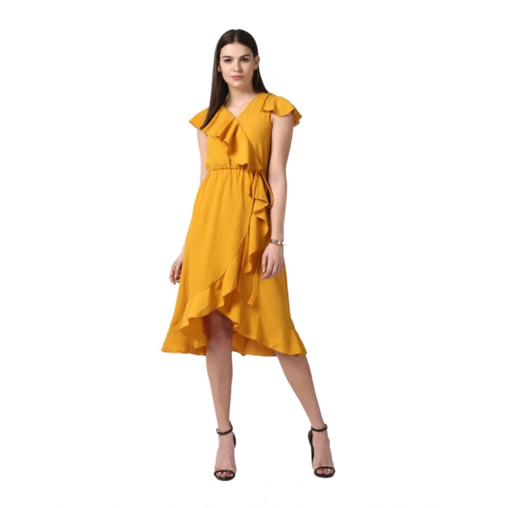 Amfyn Women's Polyester Ruffled Cap Sleeve Knee-Length Dress (Yellow)