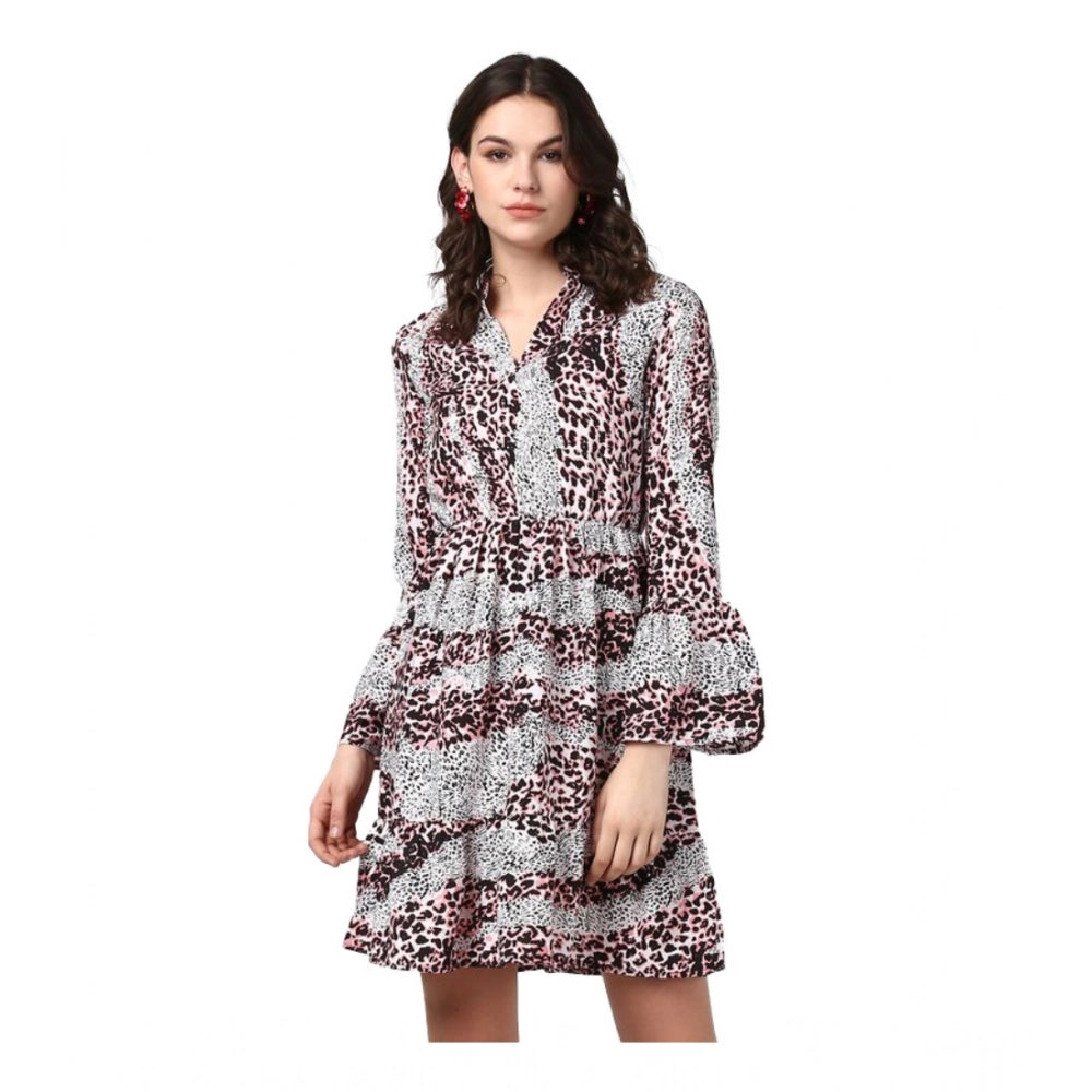Amfyn Women's Polyester Animal Print Bell Sleeve Above Knee Dress (Pink - Black)