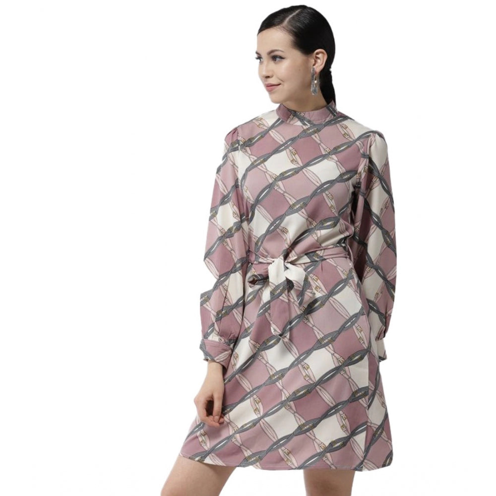 Amfyn Women's Polyester Checkered Long Sleeves Above Knee Dress (Off White - Lavender)