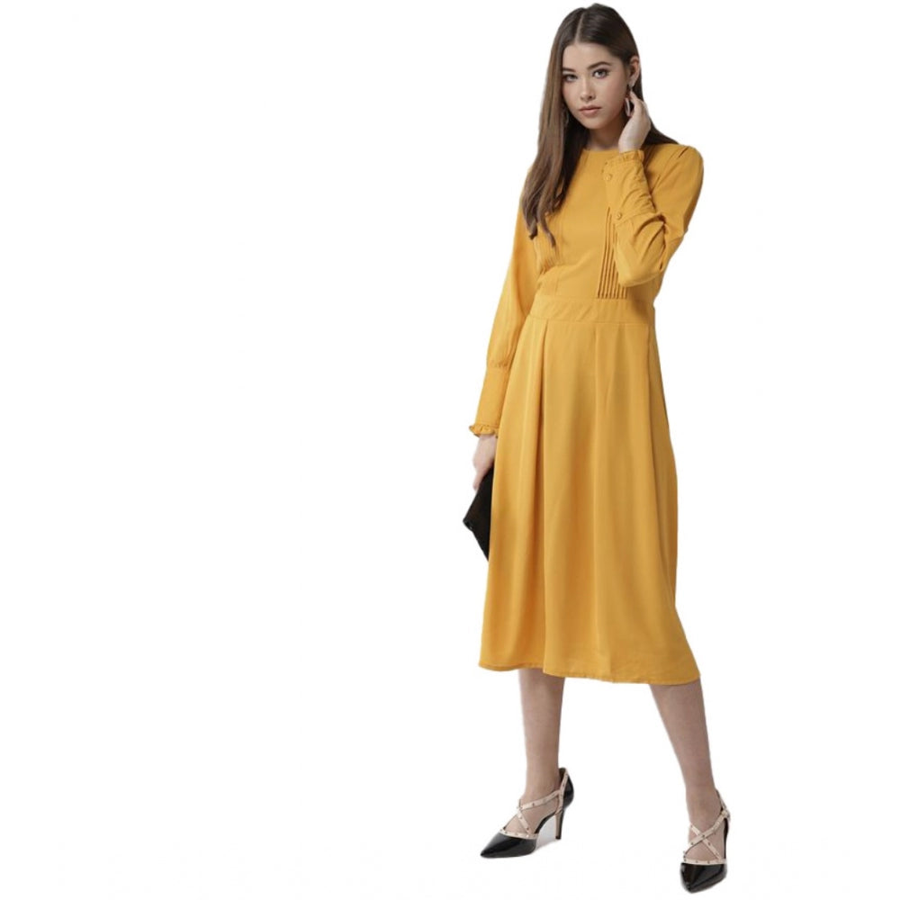 Amfyn Women's Polyester Pintuck Long Sleeves Below Knee Dress (Yellow)