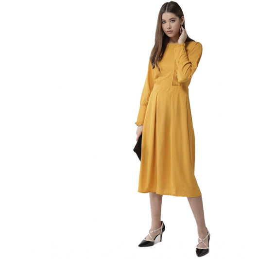 Amfyn Women's Polyester Pintuck Long Sleeves Below Knee Dress (Yellow)