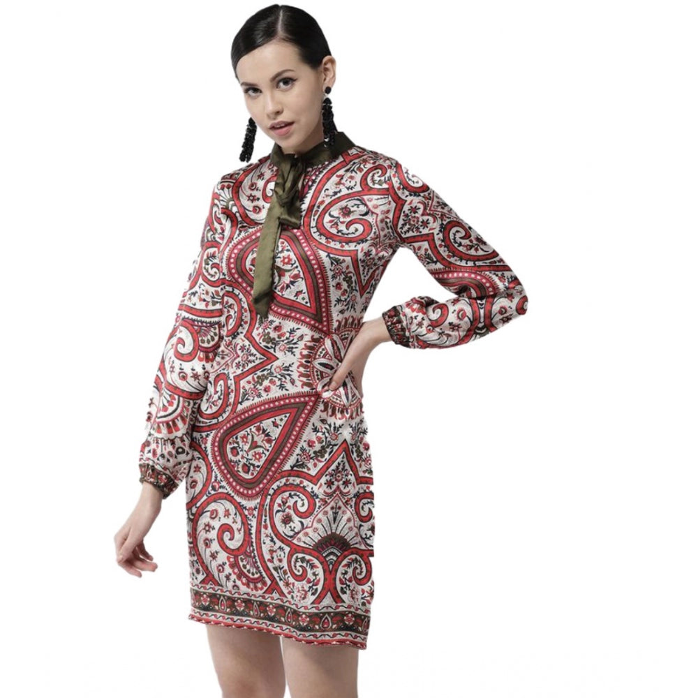 Amfyn Women's Polyester Printed Long Sleeves Above Knee Dress (Red)