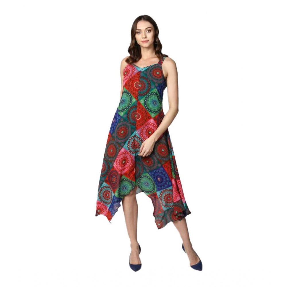 Amfyn Women's Polyester Asymmetrical Shoulder Straps Knee-Length Dress (Multicolor)