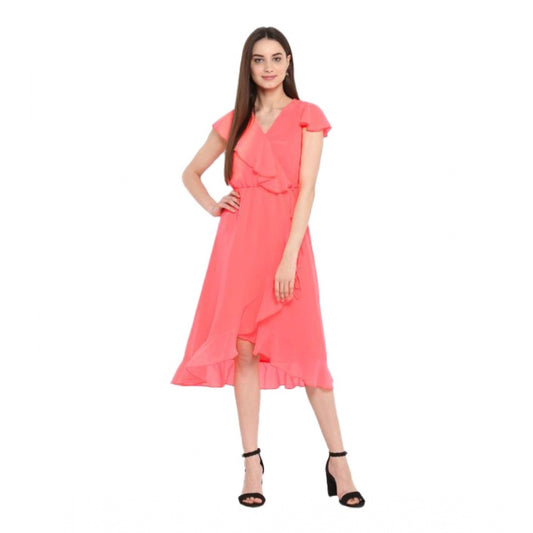 Amfyn Women's Polyester Ruffled Cap Sleeve Below Knee Dress (Coral Pink)
