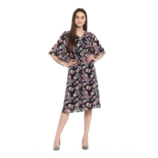 Amfyn Women's Polyester Floral Short Sleeve Knee-Length Dress (Black - Multicolor)