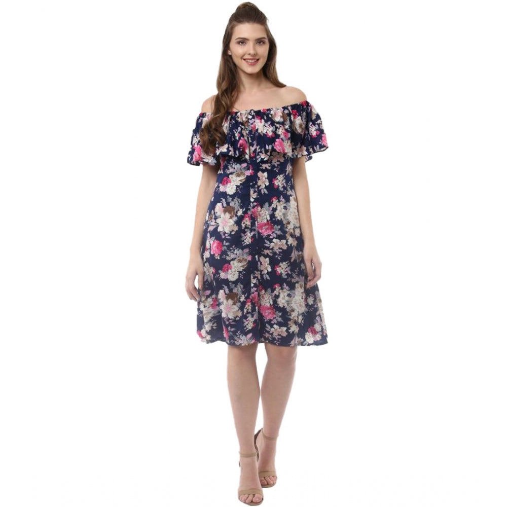 Amfyn Women's Polyester Crepe Floral Half Sleeve Above Knee Dress (Navy Blue)