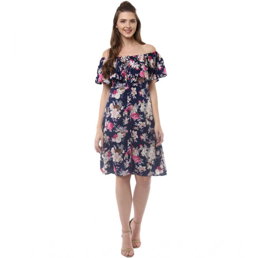 Amfyn Women's Polyester Crepe Floral Half Sleeve Above Knee Dress (Navy Blue)